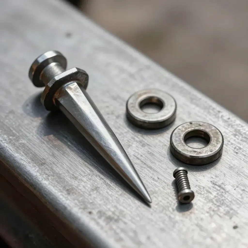 Rail fastener hardware arranged on brushed steel in a premium industrial macro still life.