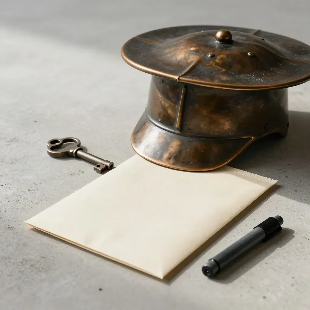 Bronze survey cap, file clip, and slate chip on pale concrete under dramatic studio light.