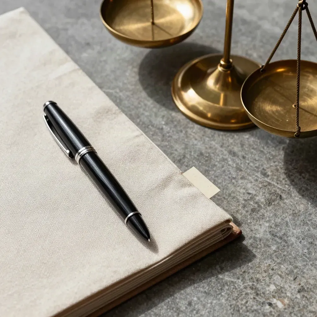 Brass weight, fountain pen cap and linen clip on brushed stone, lit in soft daylight.