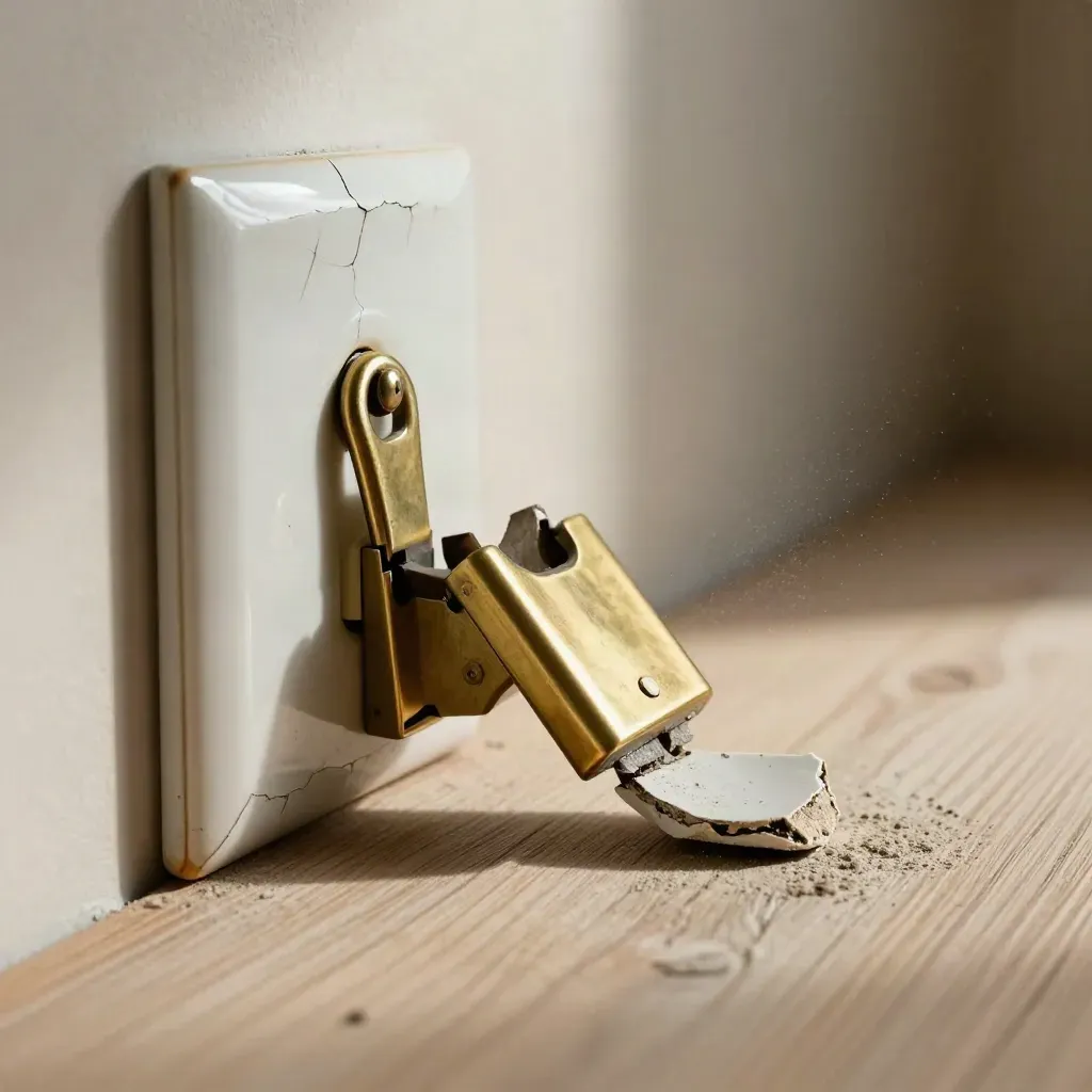 Brass sash lock, porcelain switch plate fragment, and mortar chip on pale wood