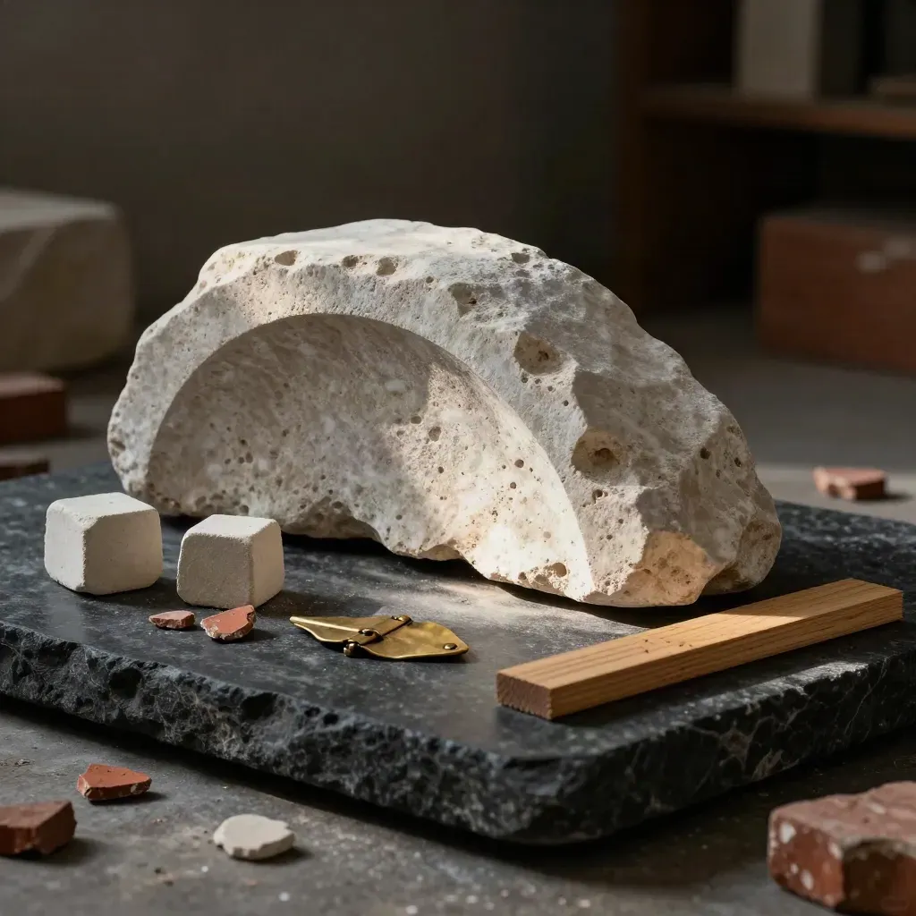 Weathered limestone arch fragment, mortar pucks, brick chips, brass hinge leaf, and cedar sample on black stone.