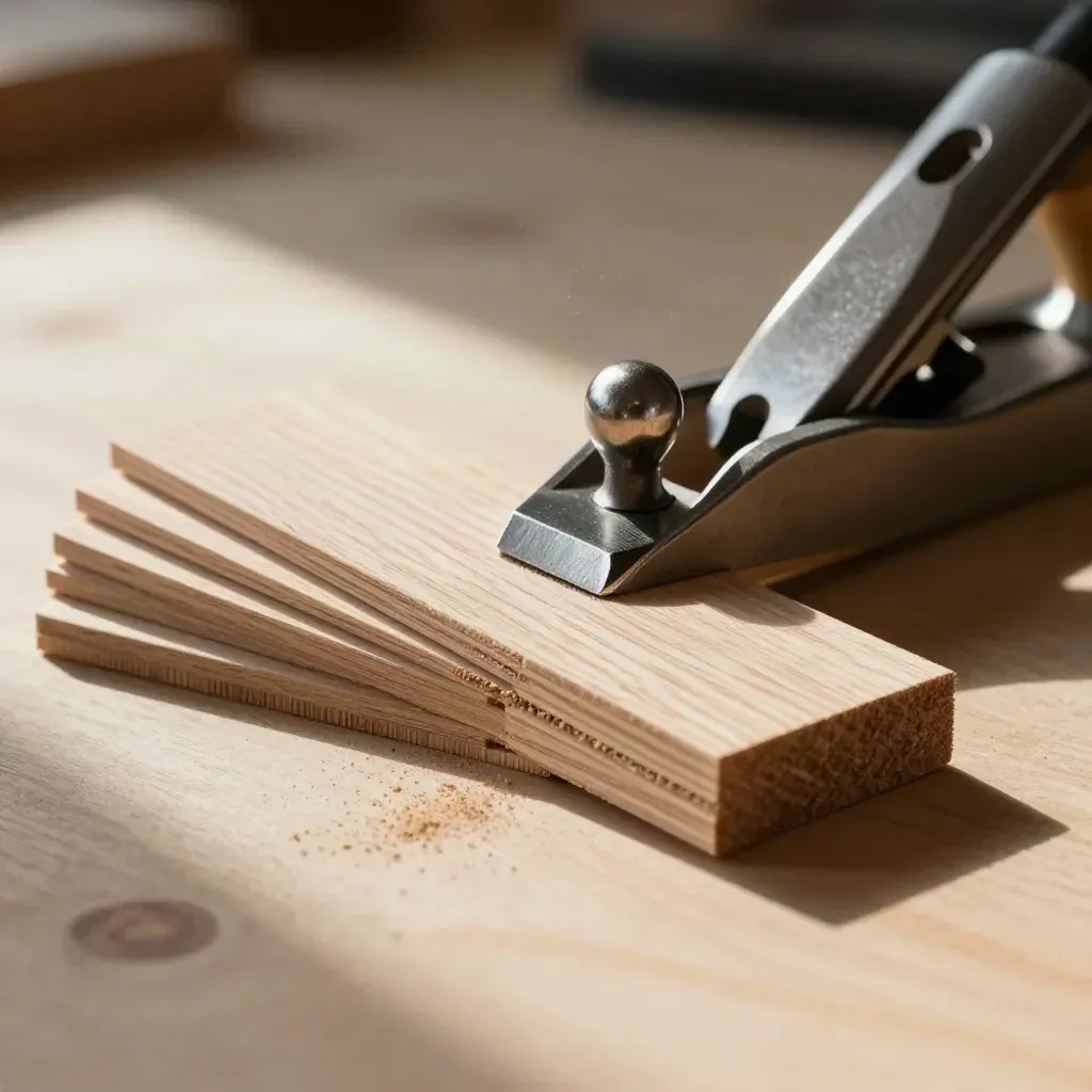 Cedar shingles, joinery offcut and steel plane iron on pale wood in a macro still life.