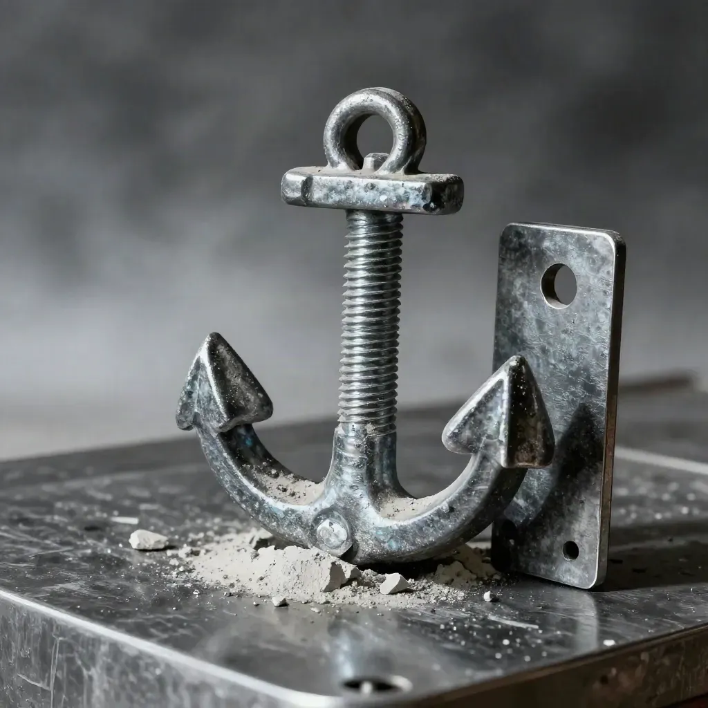 Galvanized anchor bolt, connector plate, and concrete chip on brushed metal in dramatic light.