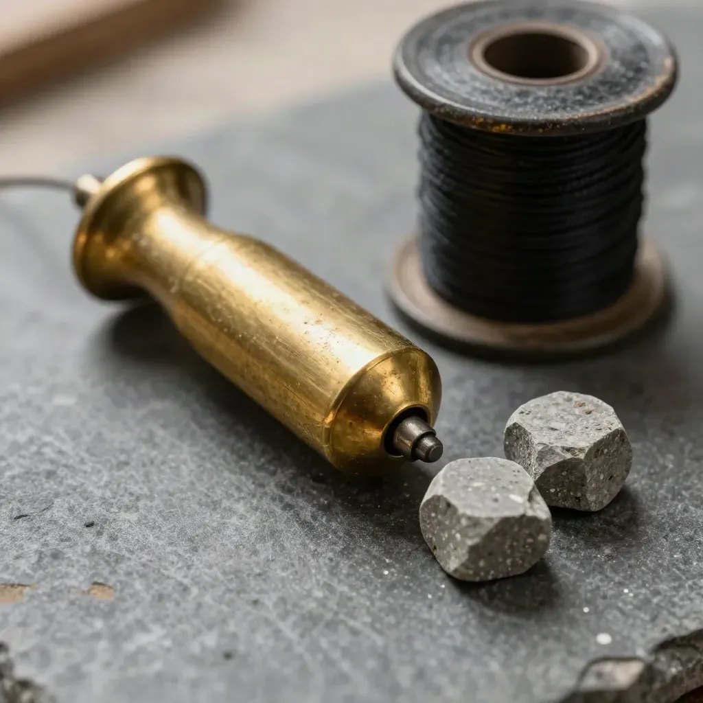 Brass plumb bob beside line spool and stone chips on a graphite surface.