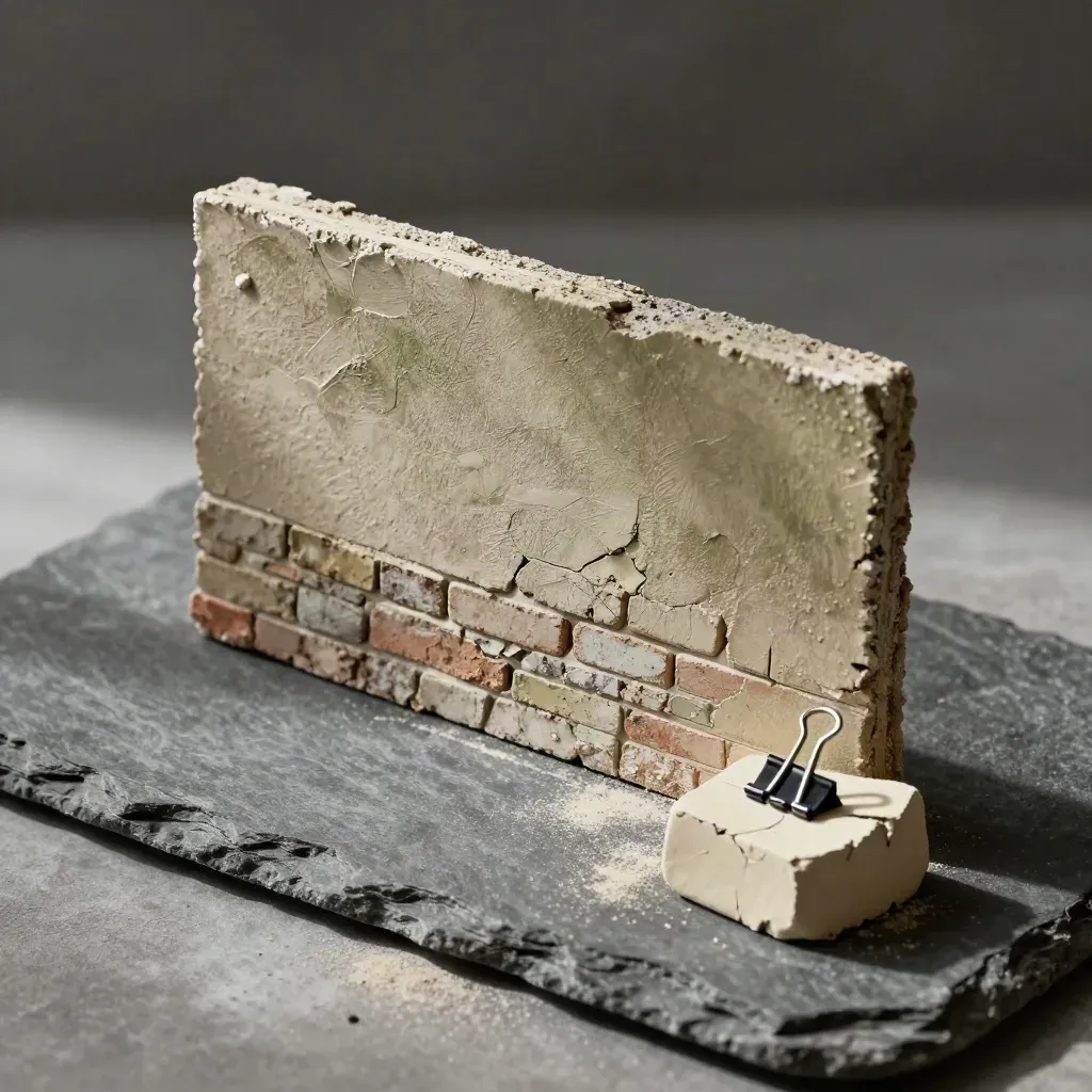 Heritage wall-section sample with lime mortar puck and steel binder clip on graphite stone
