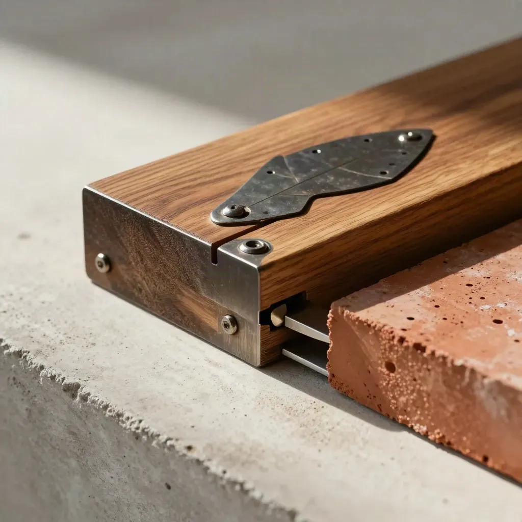 Hinged timber and steel joint sample with brick slip and spacer on concrete