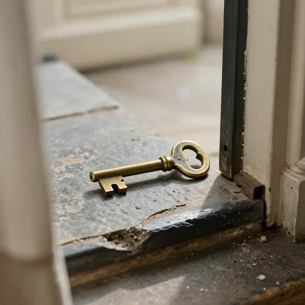 Brass house key, escutcheon and chipped stone step on a weathered threshold, shot through a blurred jamb.