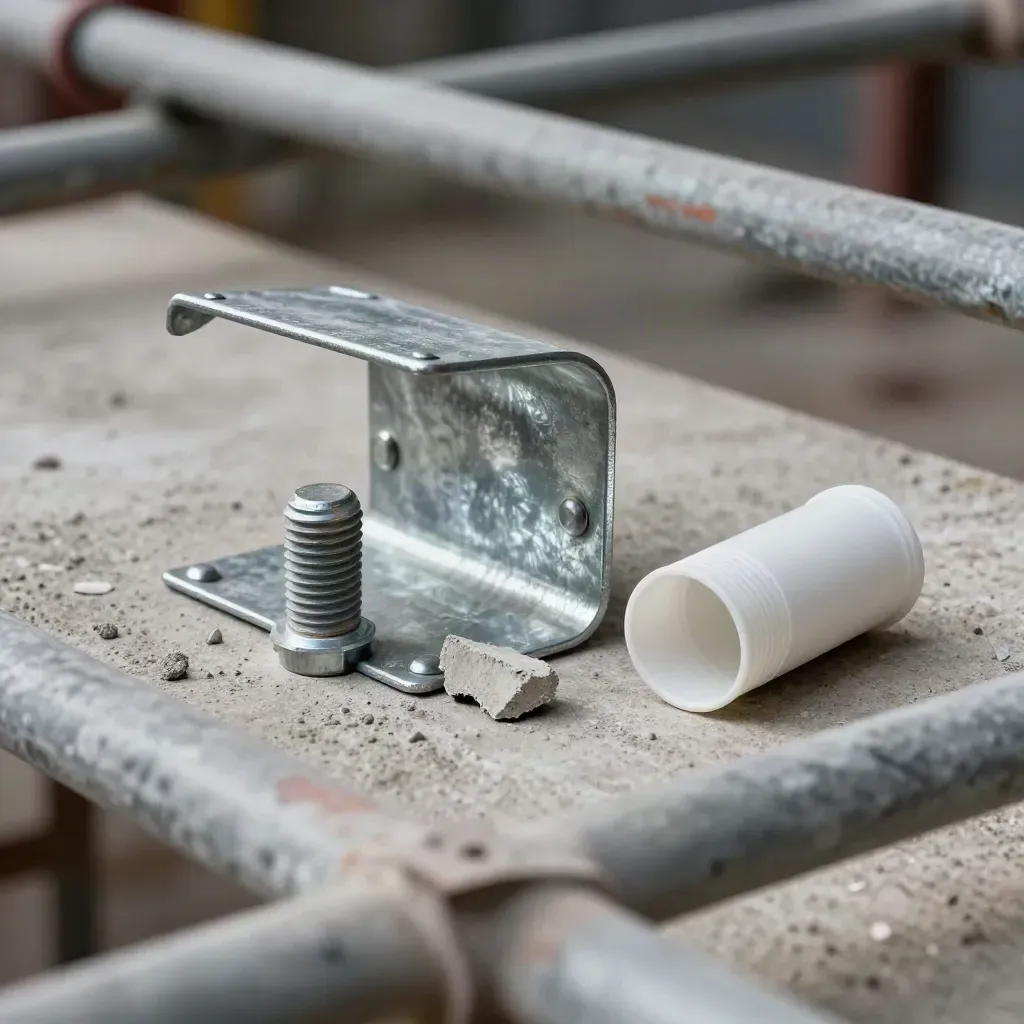 Galvanized bracket, site bolt, concrete chip, and plan tube cap on a dusty jobsite