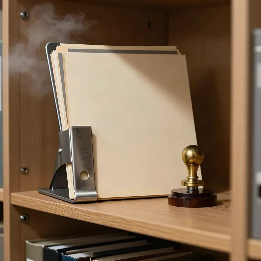 Archival file clamp, seal press, and report folders on an oak shelf