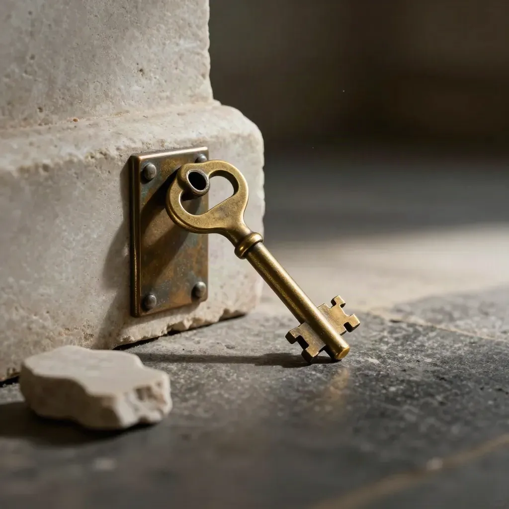 Brass key, bronze latch plate, and limestone fragment in dramatic low-angle still life.