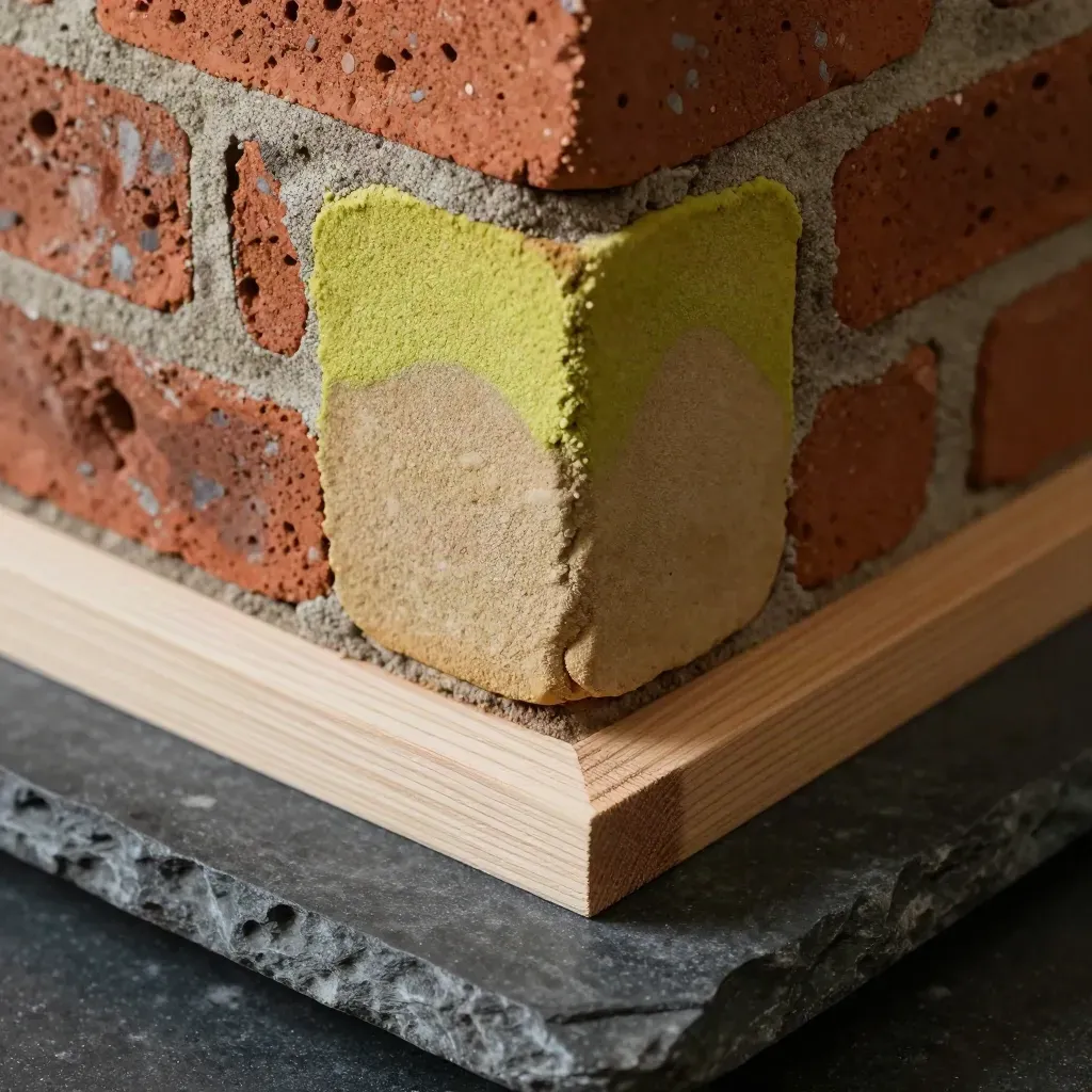 Macro still life of reclaimed brick, lime mortar, and cedar trim on dark stone