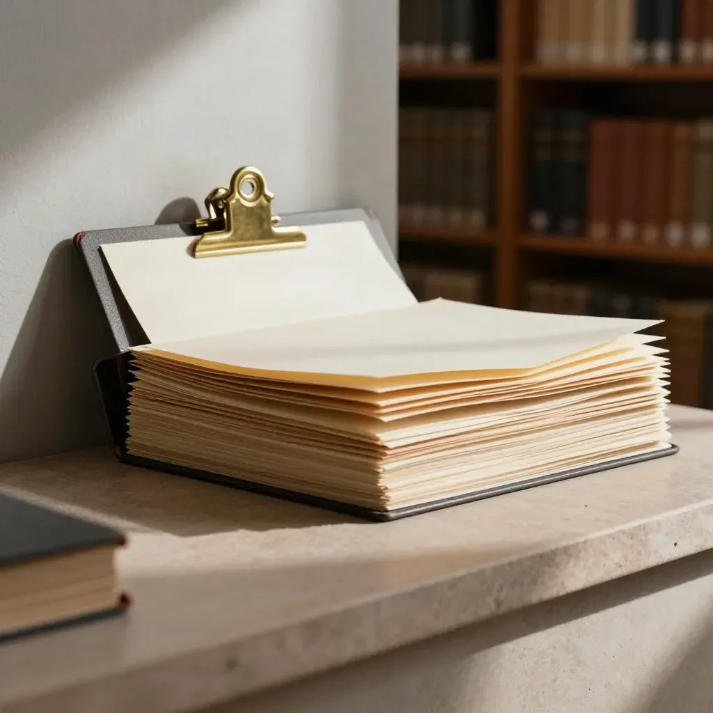 Brass archive clip and pale conservation folders on a sandstone ledge in soft raking light