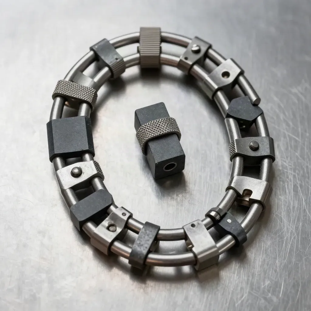 Machined steel links and graphite blocks forming a precise workflow loop on brushed metal.
