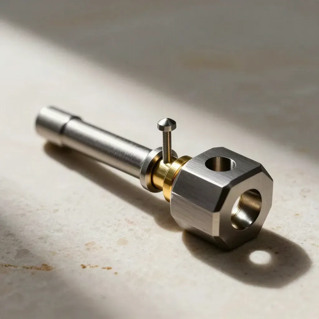 Split ring, precision pin, and connector blocks interlock on pale stone in dramatic studio light.