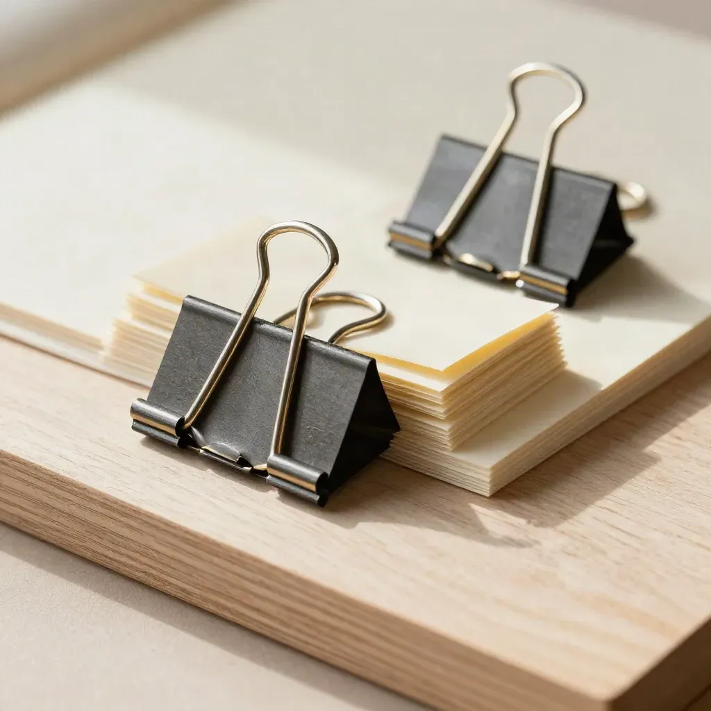 Overhead still life of modular blocks, binder rings and brass clip on pale wood.